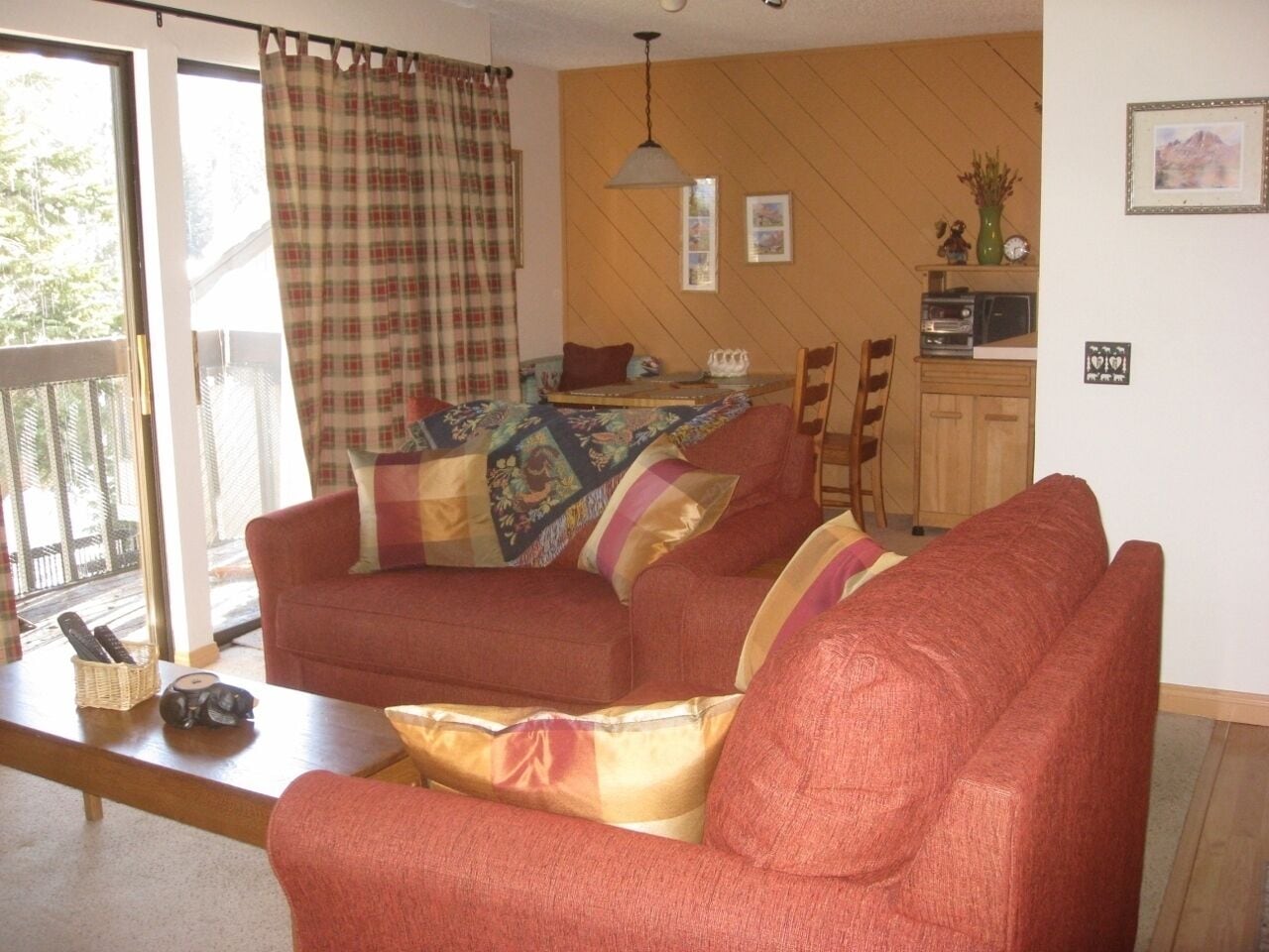 Flat-screen TV, fireplace, DVD player, books