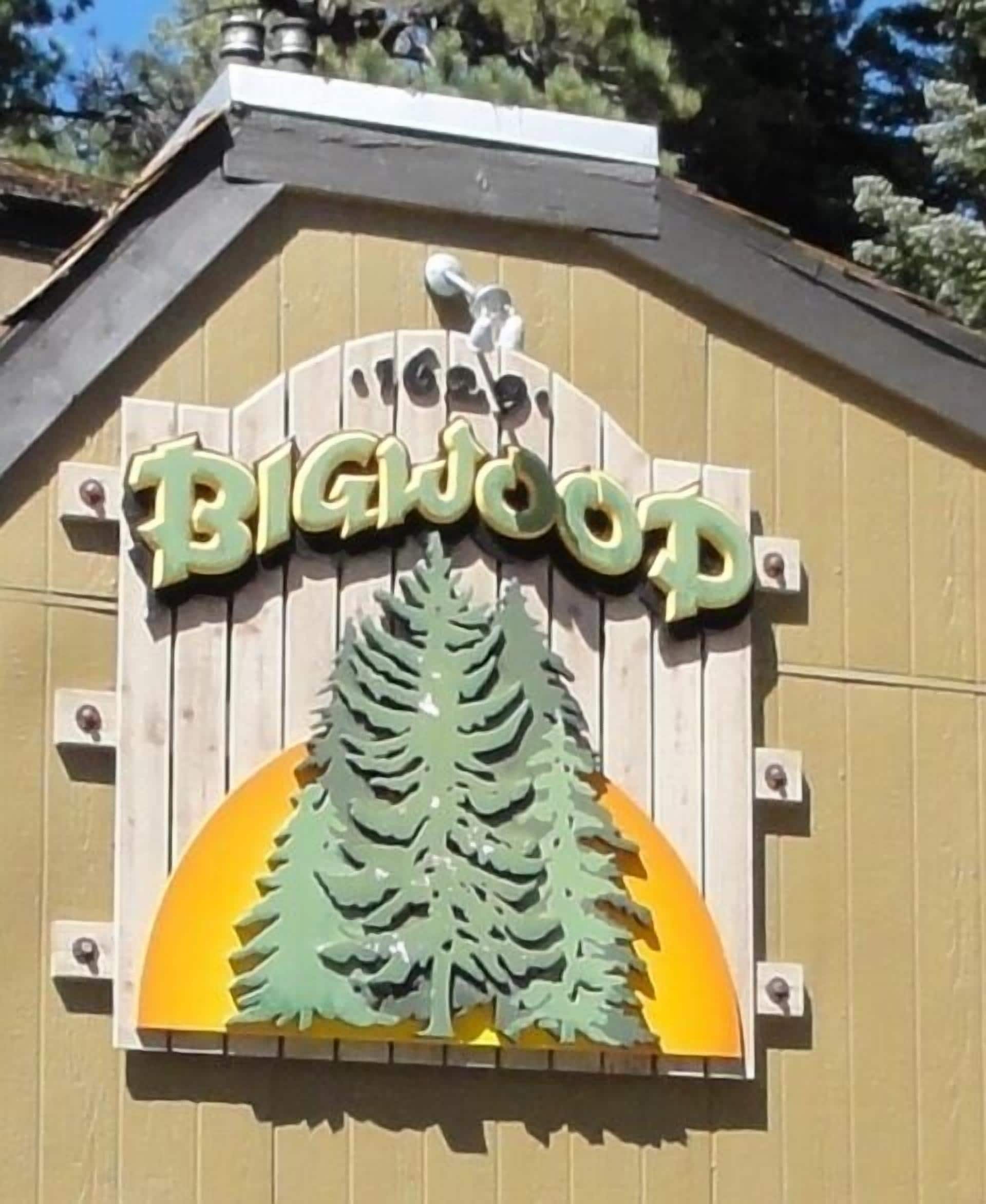 A wooden sign with the name 'Bigwood' and a stylized tree graphic.