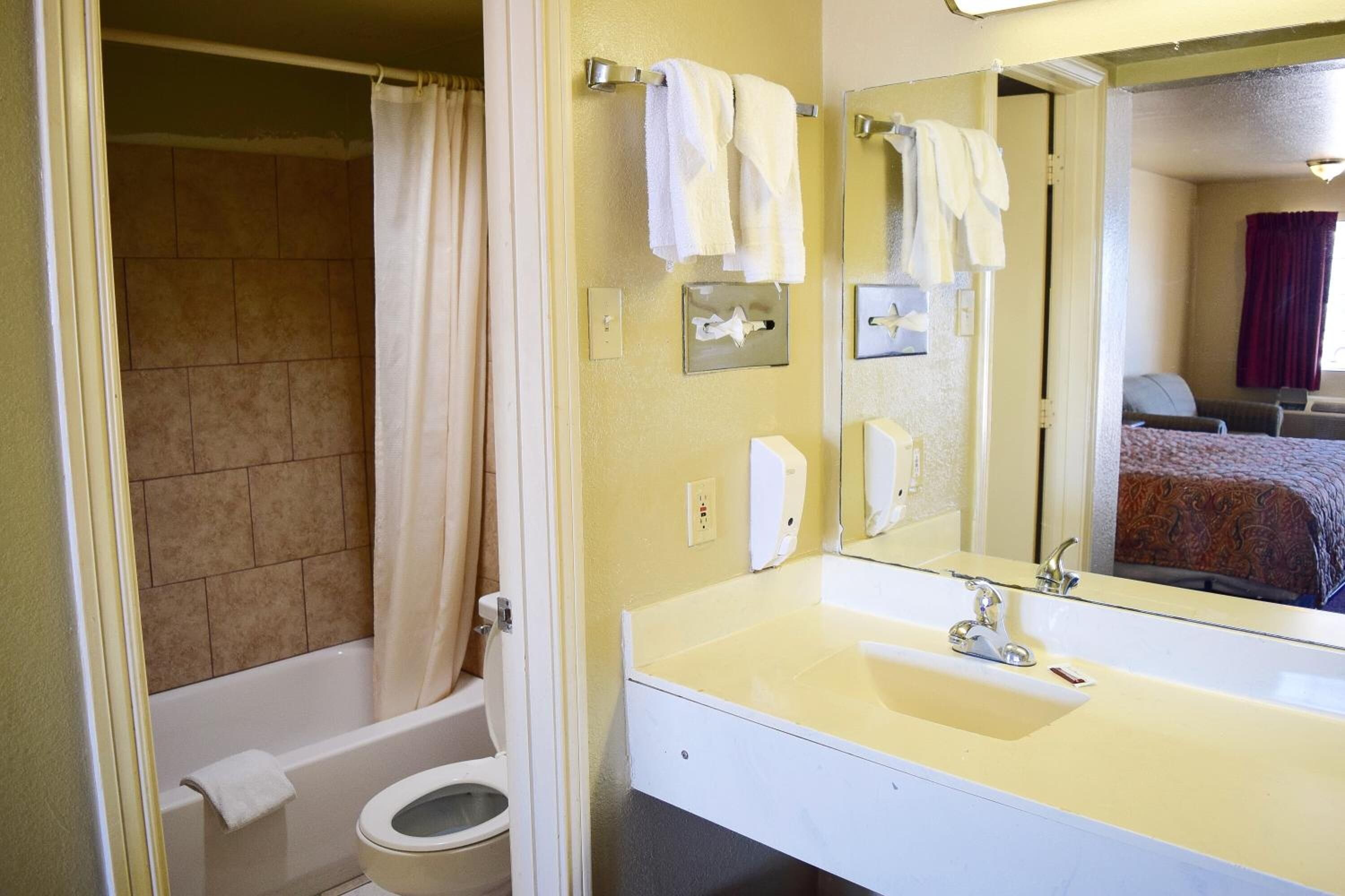 Un bagno con vasca, servizi igienici e lavabo. Sopra il lavabo c'è uno specchio e a parete un porta asciugamani.
