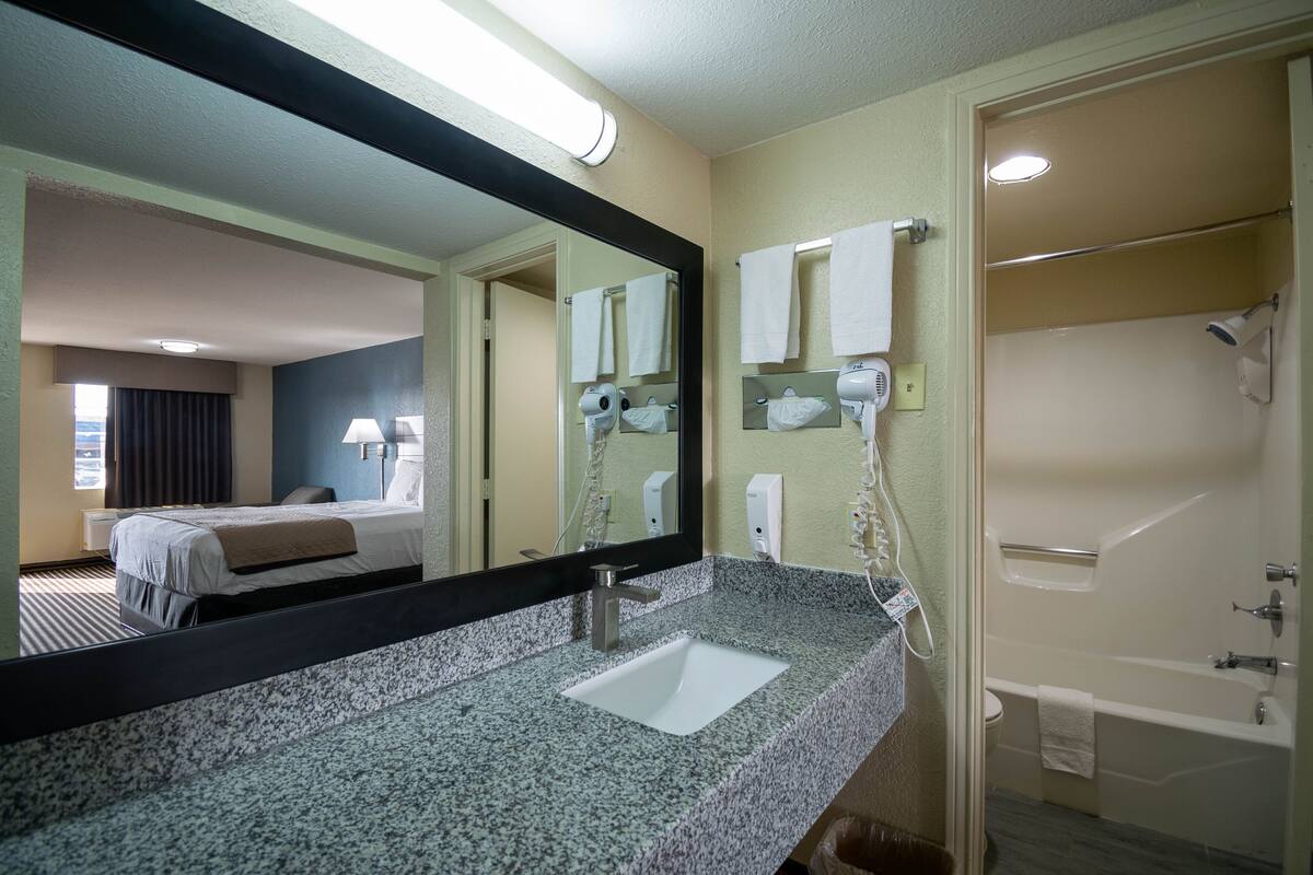 A hotel bathroom with a granite sink, a large mirror, a shower, and a toilet.