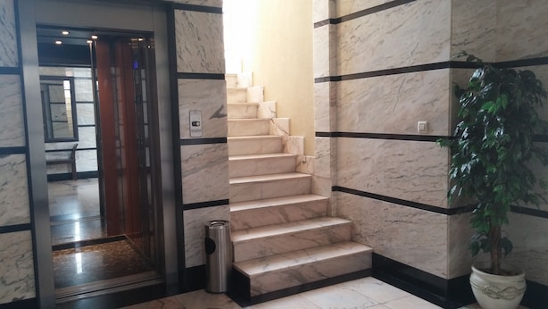 Un escalier en marbre à rayures noires, une poubelle et une plante en pot.