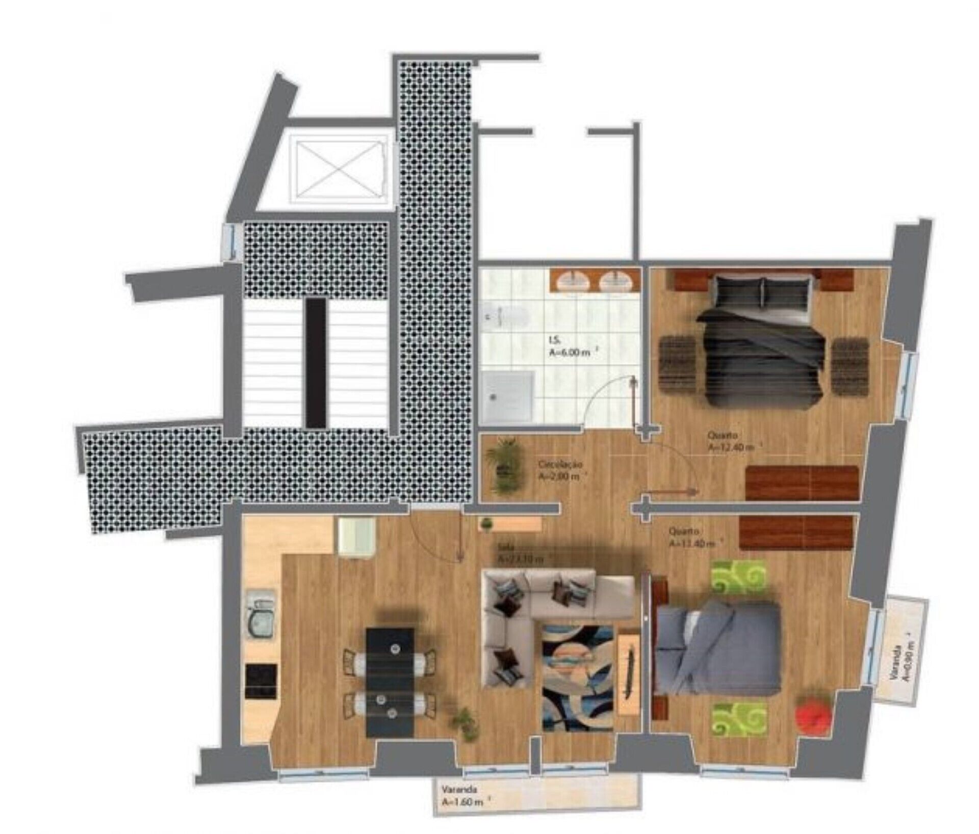 Ein Grundriss eines Hotelzimmers mit einem Bett, einer Sitzecke inklusive Sofa und Tisch, einer Küchenzeile und einem Badezimmer.