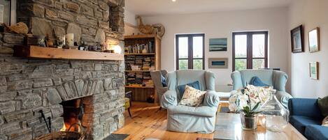 Smart TV, fireplace, DVD player, books