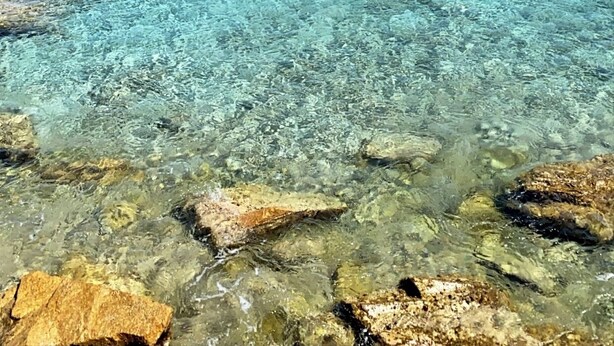 En vacker utsikt över kusten med en klippig strand och ett lugnt hav.