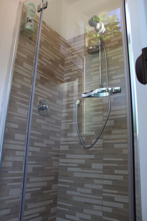 Shower, hair dryer, towels, toilet paper