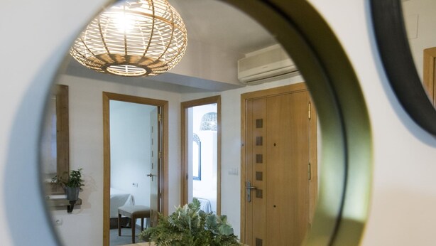 Un comedor con una mesa de madera, una planta en maceta y una lámpara colgante.