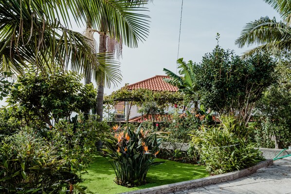 Un jardin luxuriant, avec une grande variété de plantes, et un bâtiment surmonté d’un toit recouvert de tuiles rouges.