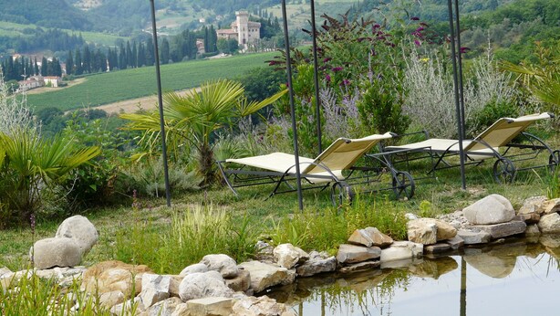A garden with a pergola, two lounge chairs, and a pond with rocks. - Convert your vacation into a highly regenerating life experience. (Pontassieve)