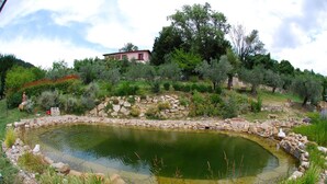 A pond surrounded by rocks and greenery, with a house in the background. - Convert your vacation into a highly regenerating life experience. (Pontassieve)