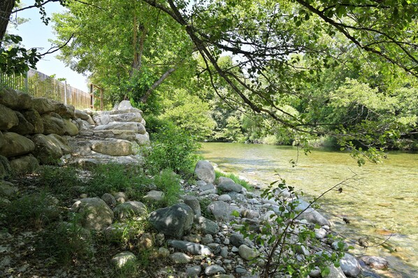 A natural outdoor setting with a clear stream, rocks, and trees.