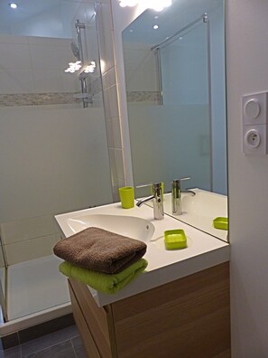 Dusche, Haartrockner, Handtücher, Toilettenpapier