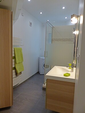 Shower, hair dryer, towels, toilet paper