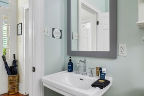 Hair dryer, soap, shampoo, toilet paper