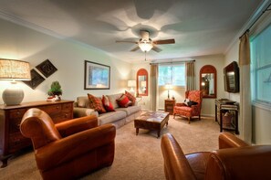 Televisio, takka, DVD-soitin, musiikkikirjasto