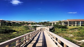 A resort with a central walkway leading to multiple buildings, surrounded by greenery and palm trees.