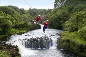 A person bungee jumping over a waterfall in a lush, green forest setting.