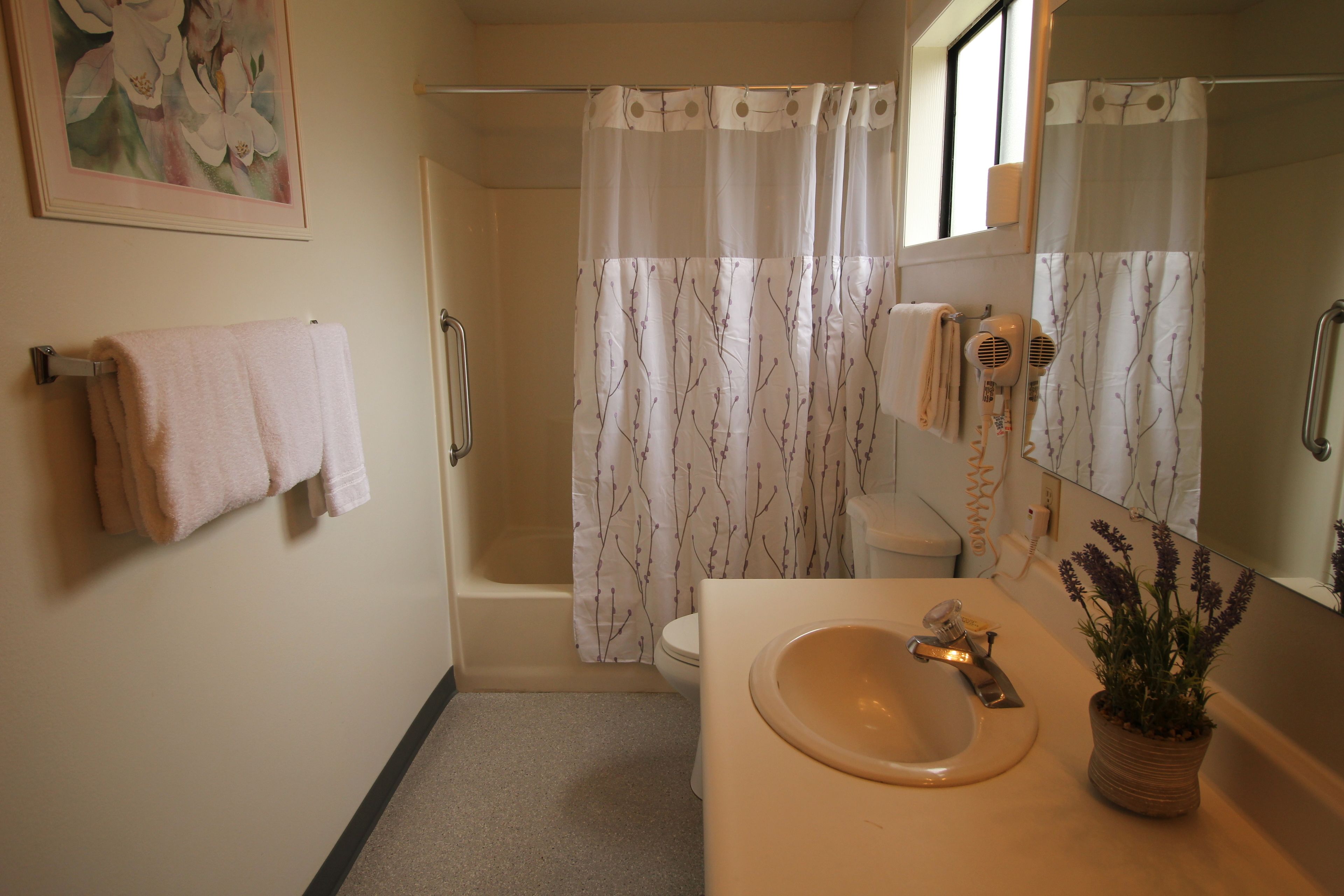 Un baño con bañera, inodoro, lavamanos y espejo.