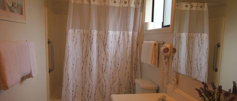 Une salle de bain équipée d’une douche, de toilettes, d’un lavabo et d’un miroir.