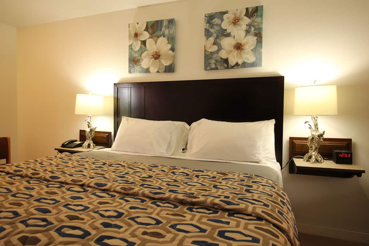 A hotel room with a large bed, two wall-mounted lamps, a nightstand with a phone and a clock, and two floral paintings on the wall.