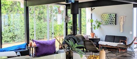 Télévision, cheminée, livres, médiathèque