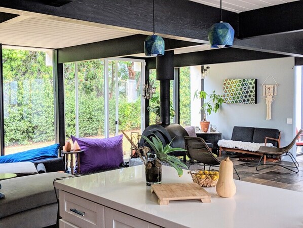 TV, peis, bøker og musikkbibliotek