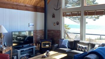 Smart TV, fireplace, DVD player, books