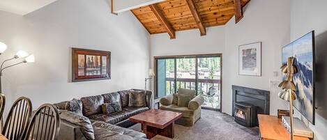 Smart TV, fireplace, video library