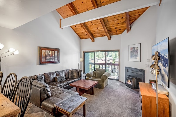 Smart TV, fireplace, video library