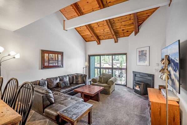 Smart TV, fireplace, video library