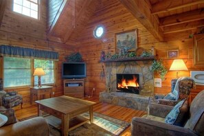 TV, fireplace, DVD player, books