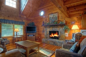 TV, fireplace, DVD player, books