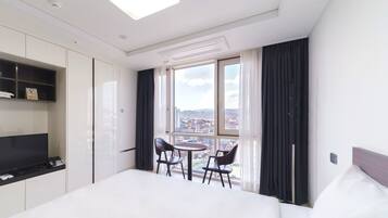 Individually decorated, laptop workspace, blackout drapes, soundproofing