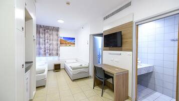 A modern hotel room with a bed, a desk, a TV, and a bathroom.