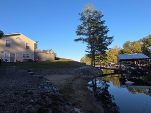 A lakeside property with a house, a dock, and a swan.