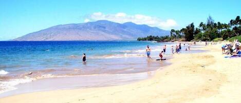 Vlak bij het strand, ligstoelen, strandlakens