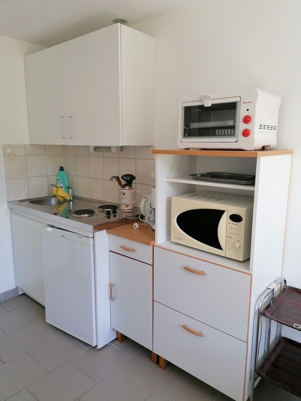 A compact kitchen with a microwave, toaster, and a dishwasher. - For spa guests or tourists rented cottage in the country (Grésy-Sur-Aix)
