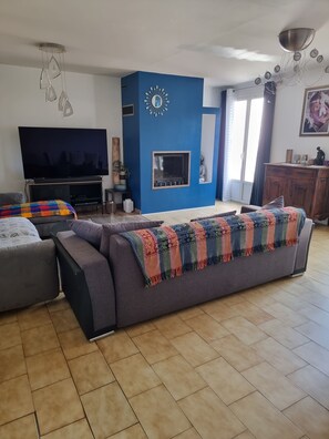 TV, fireplace, DVD player, books