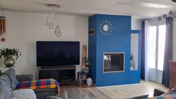 TV, fireplace, DVD player, books