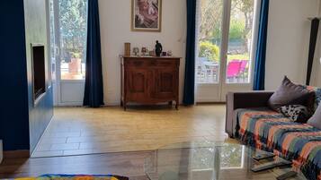 TV, fireplace, DVD player, books