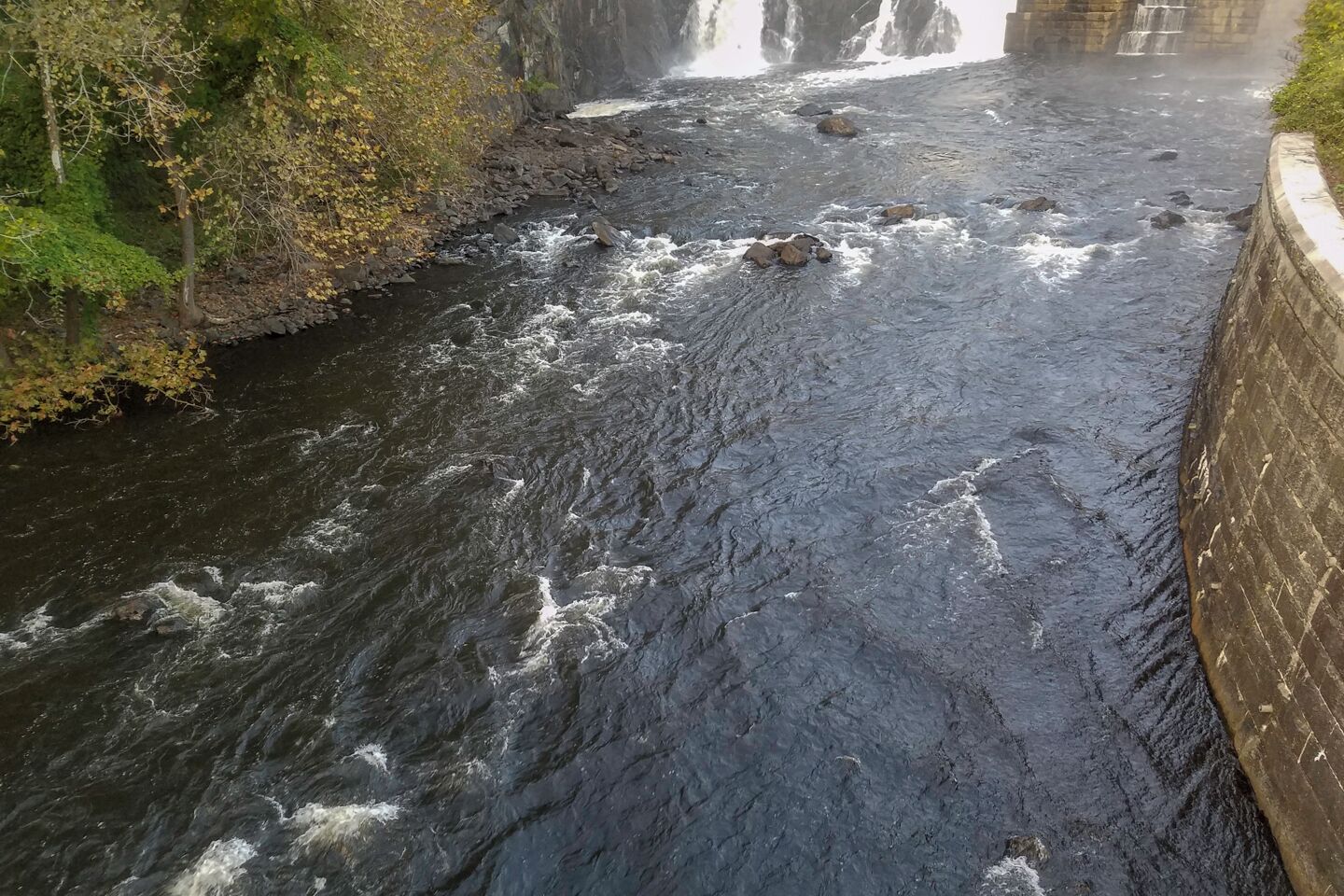 Un río serpentea por un desfiladero estrecho con orillas rocosas y árboles a un lado.