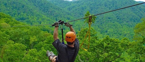 A person zip-lining over a lush green forest with mountains in the background.