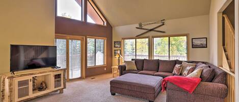 TV, fireplace, books