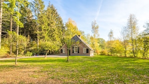 Une maison entourée d’une pelouse et d’arbres.