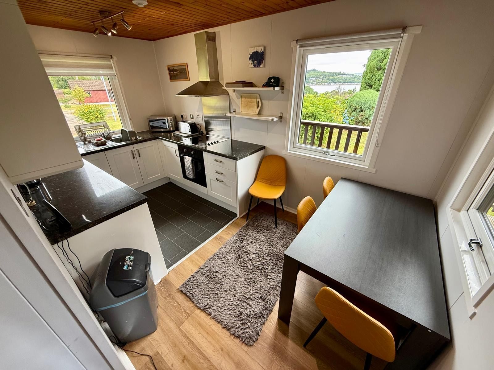 A compact kitchen with white cabinets, a black countertop, and a view of greenery outside.