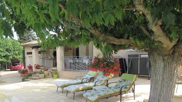Eine Terrasse mit zwei Liegestühlen, einem Baum und einem Gebäude mit Balkon.