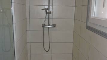 Une douche équipée d’un pommeau de douche à main et d’un pommeau de douche fixe au plafond, d’une porte en verre et d’un sol carrelé.