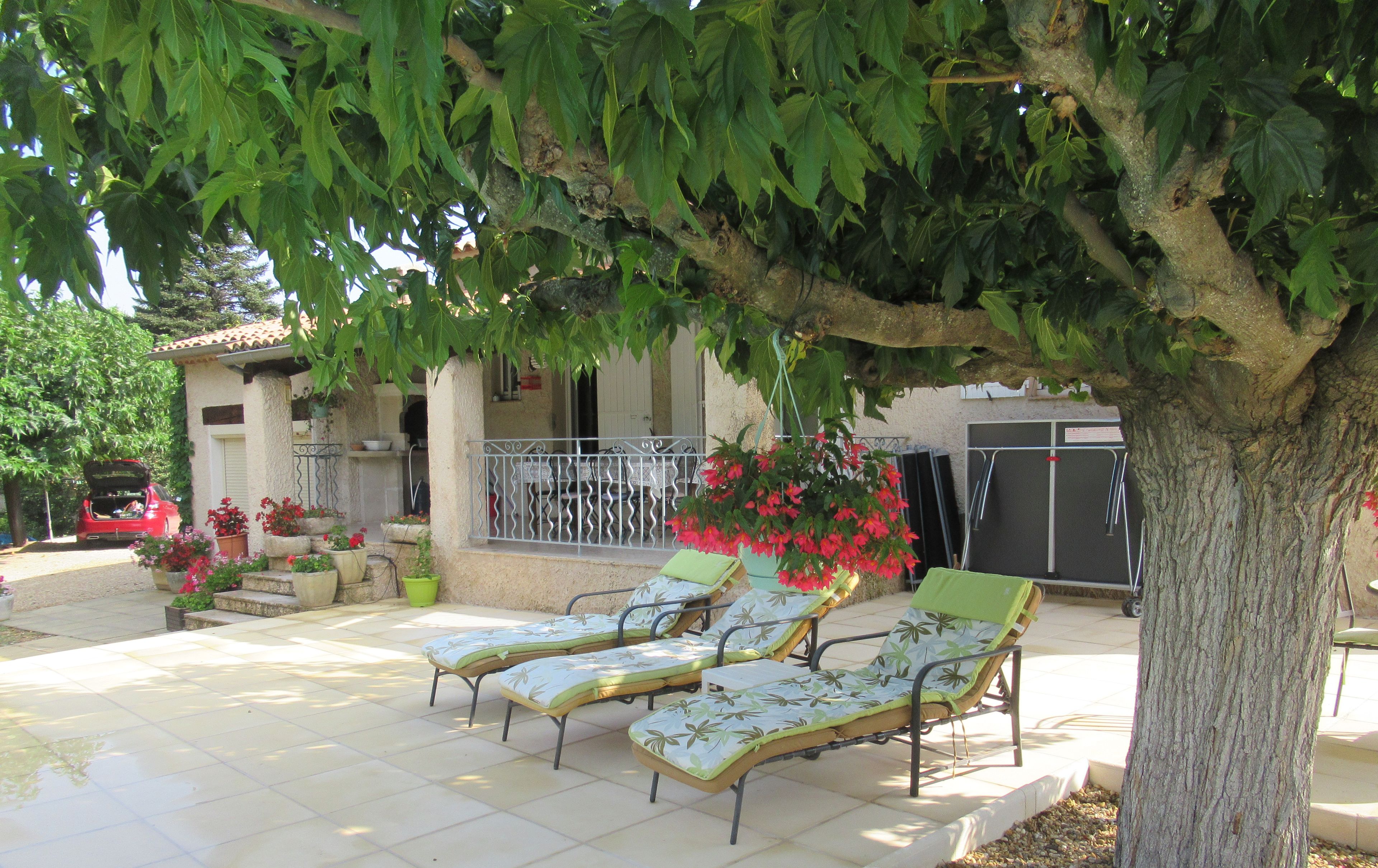 Une terrasse avec deux chaises longues, un arbre et un bâtiment doté d’un balcon.