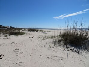 On the beach, sun loungers