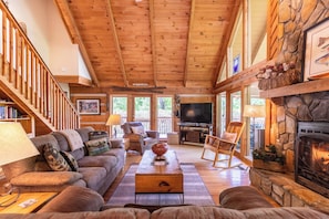TV, fireplace, DVD player - Almost Heaven: Pet-Friendly Cabin with Yard and Hot Tub in Valle Crucis - Walk to River (Sugar Grove)