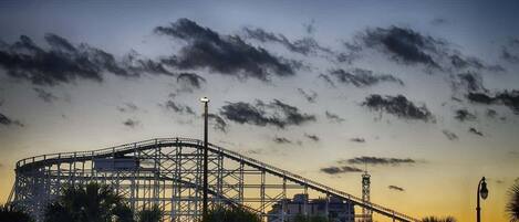 A roller coaster at sunset with a clear sky and palm trees in the foreground.